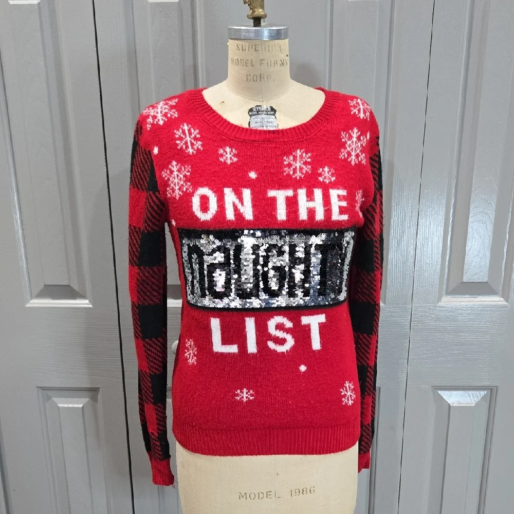 RED AND BLACK NICE AND NAUGHTY LIST SWIPE REVERSIBLE CHRISTMAS SWEATER SIZE M - Picture 1 of 15
